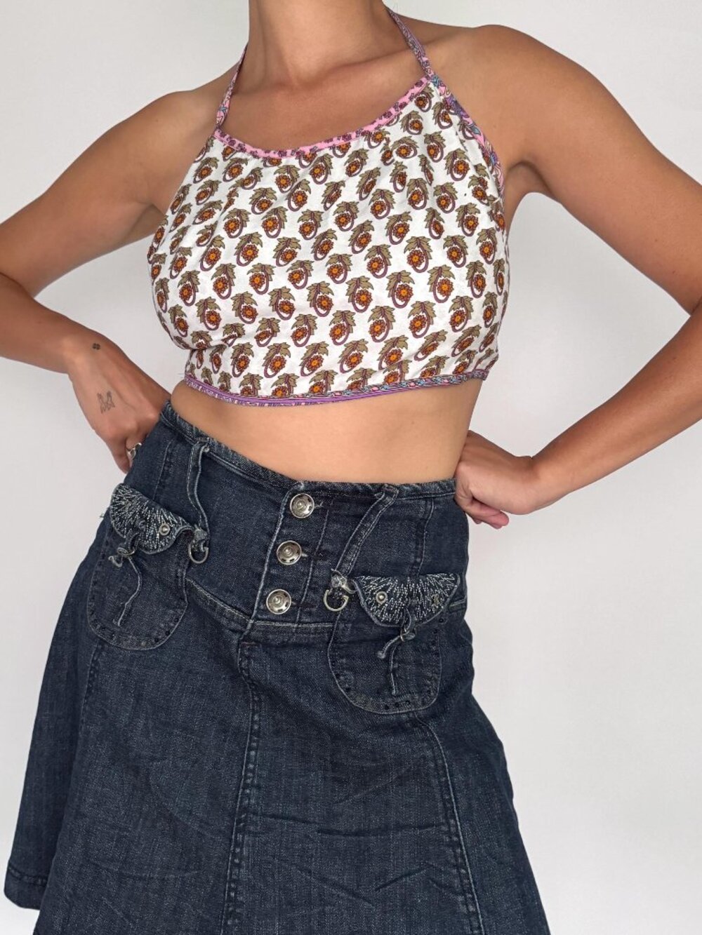 vintage pastel floral print backless reversible lace tie up halter crop top